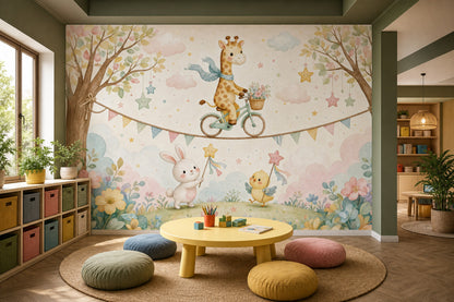 Giraffe On Bicycle Wallpaper Nursery Removable Watercolor Wall Decor
