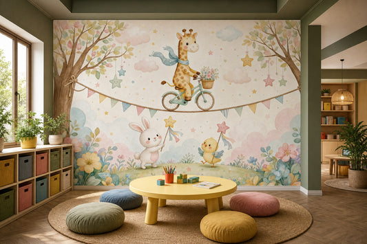 Giraffe On Bicycle Wallpaper Nursery Removable Watercolor Wall Decor