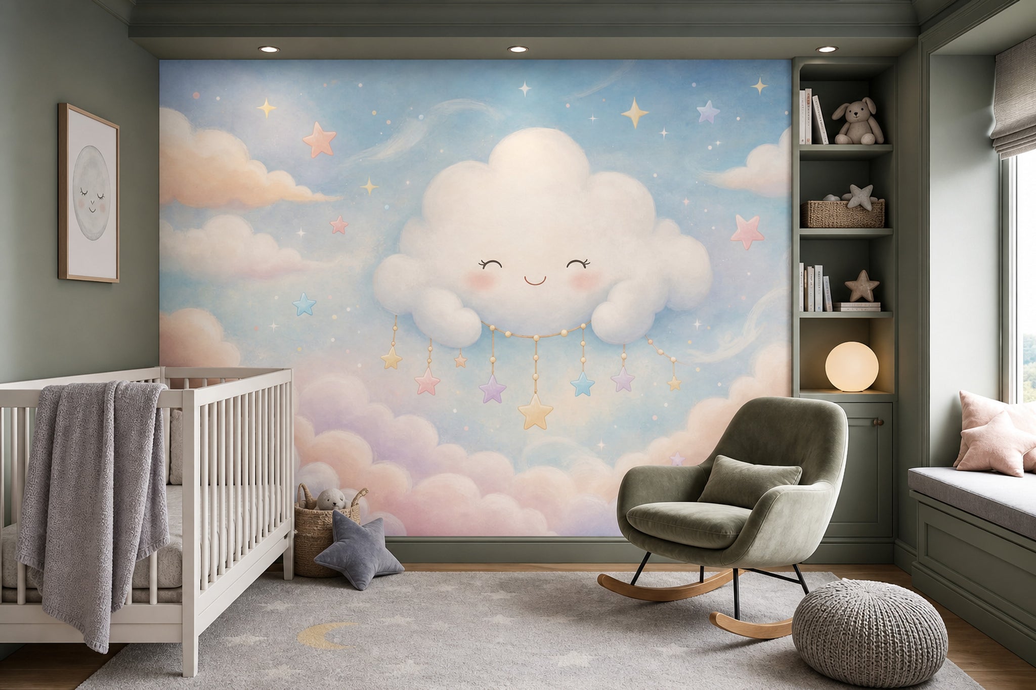Dreamy Sky Wallpaper Smiling Cloud Pastel Stars Removable Wall Decor