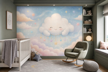 Dreamy Sky Wallpaper Smiling Cloud Pastel Stars Removable Wall Decor