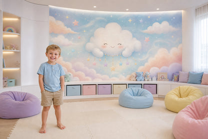 Dreamy Sky Wallpaper Smiling Cloud Pastel Stars Removable Wall Decor