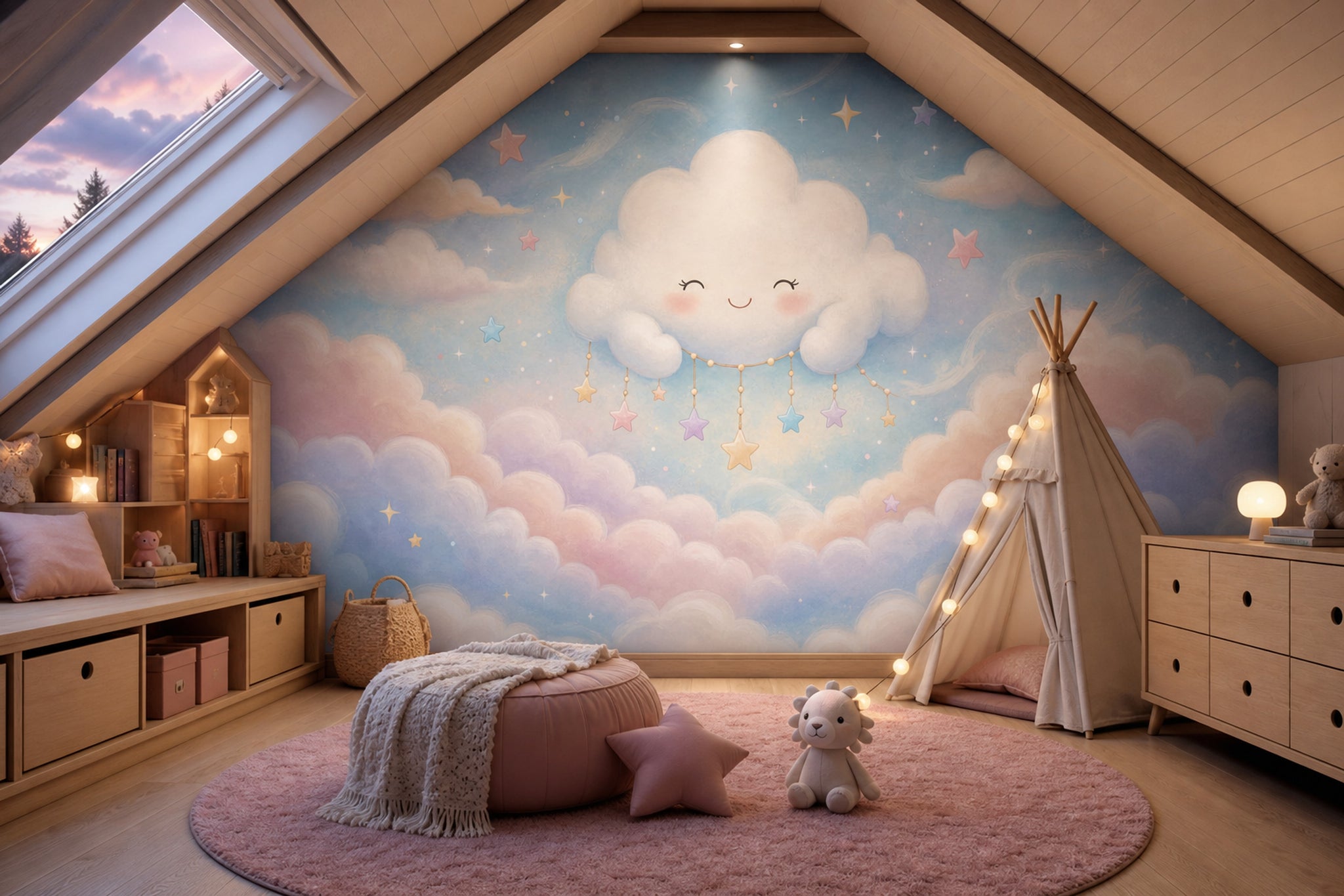 Dreamy Sky Wallpaper Smiling Cloud Pastel Stars Removable Wall Decor