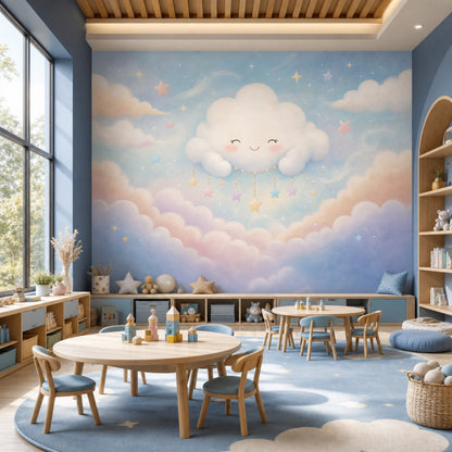 Dreamy Sky Wallpaper Smiling Cloud Pastel Stars Removable Wall Decor