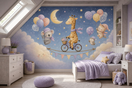 Giraffe On Bicycle Wallpaper Dark Night Sky Watercolor Nursery Wall Mural