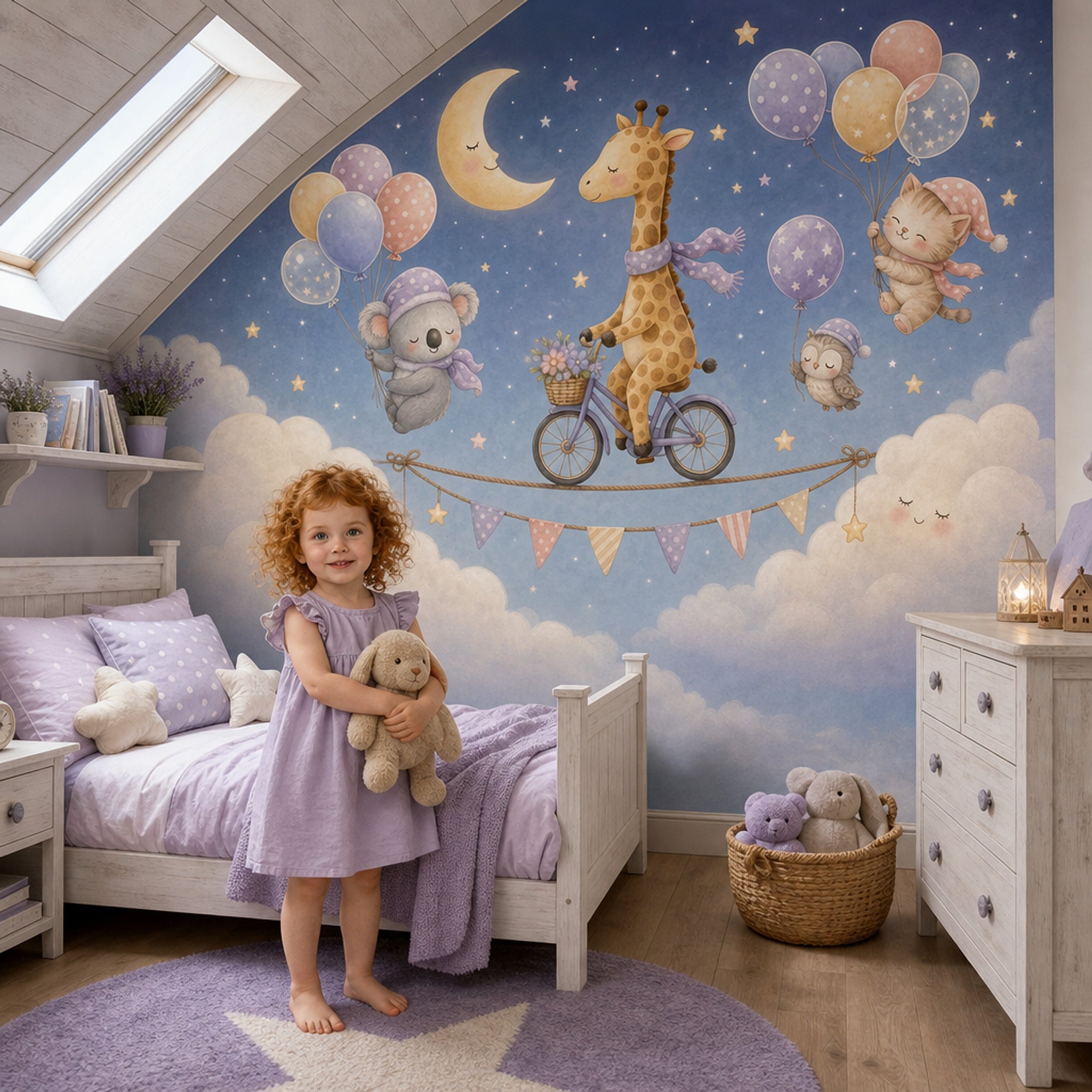 Giraffe On Bicycle Wallpaper Dark Night Sky Watercolor Nursery Wall Mural