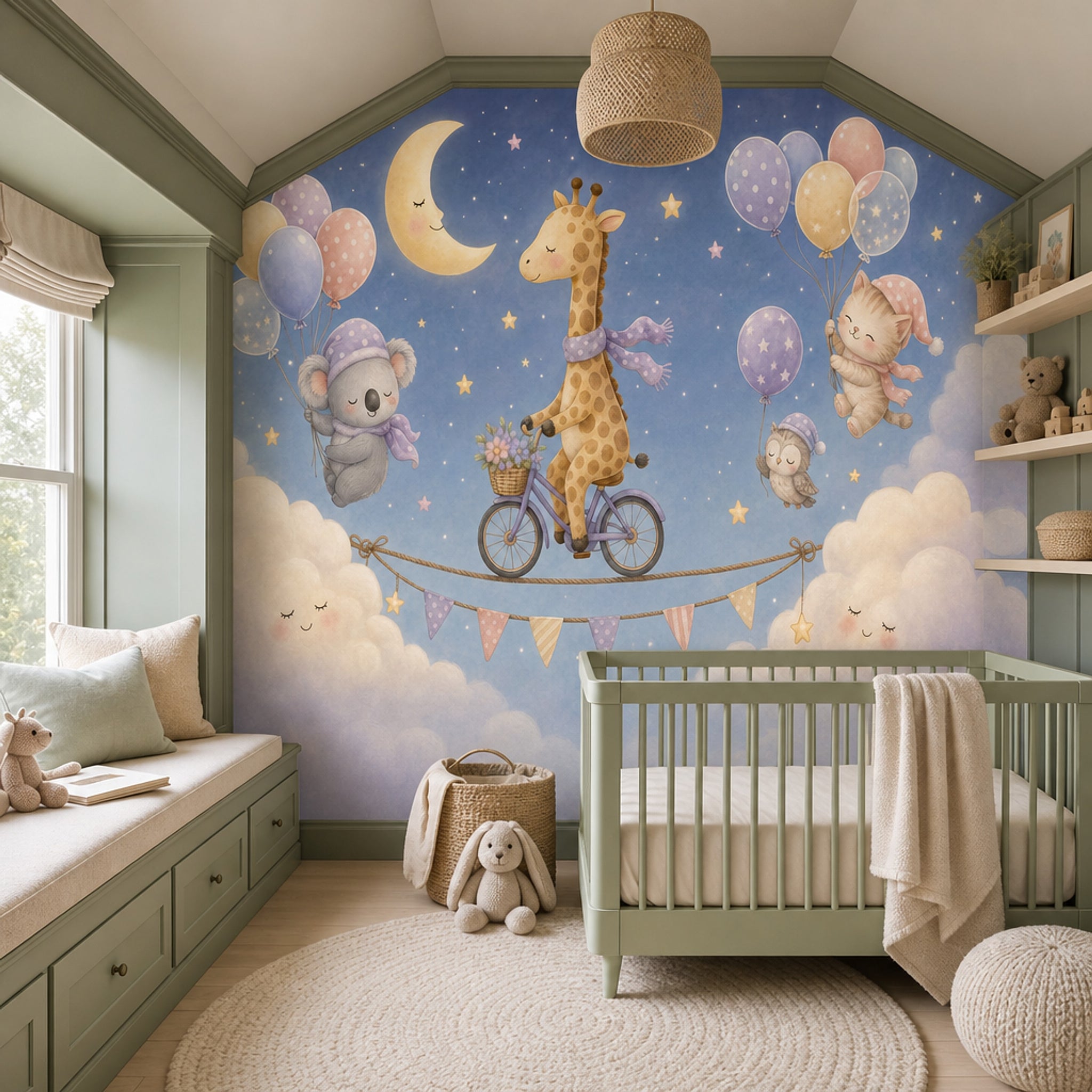 Giraffe On Bicycle Wallpaper Dark Night Sky Watercolor Nursery Wall Mural