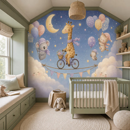 Giraffe On Bicycle Wallpaper Dark Night Sky Watercolor Nursery Wall Mural