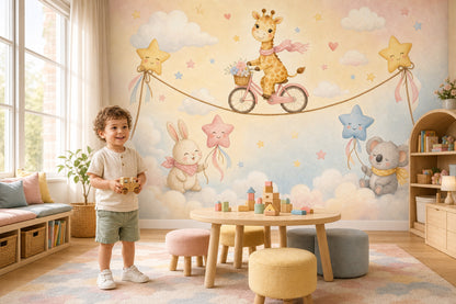 Watercolor Texture Wallpaper Pastel Nursery Cute Giraffe Wall Mural