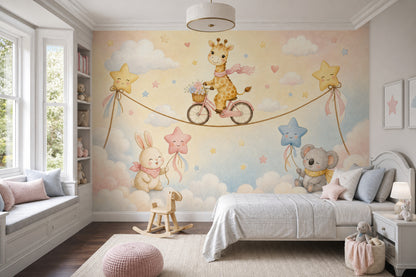 Watercolor Texture Wallpaper Pastel Nursery Cute Giraffe Wall Mural