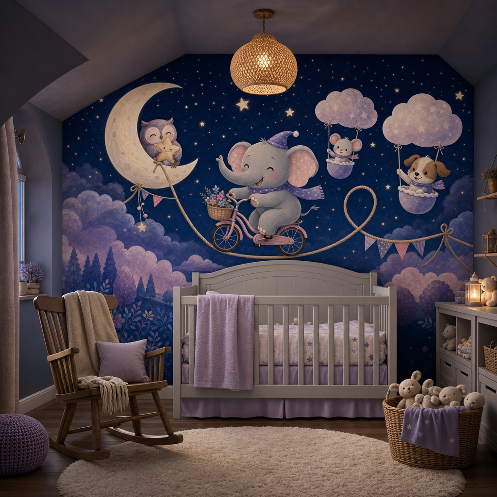Whimsical Nursery Wallpaper Dark Night Sky Watercolor Illustration Removable Wall Decor