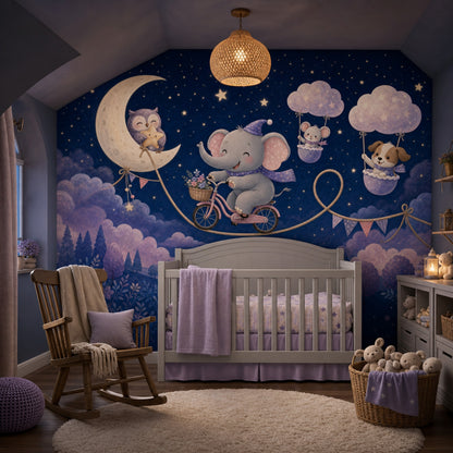 Whimsical Nursery Wallpaper Dark Night Sky Watercolor Illustration Removable Wall Decor