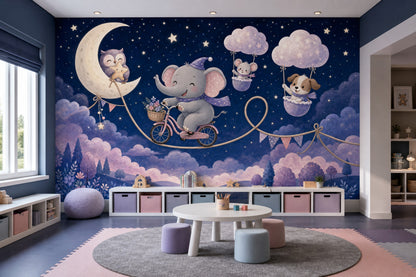 Whimsical Nursery Wallpaper Dark Night Sky Watercolor Illustration Removable Wall Decor