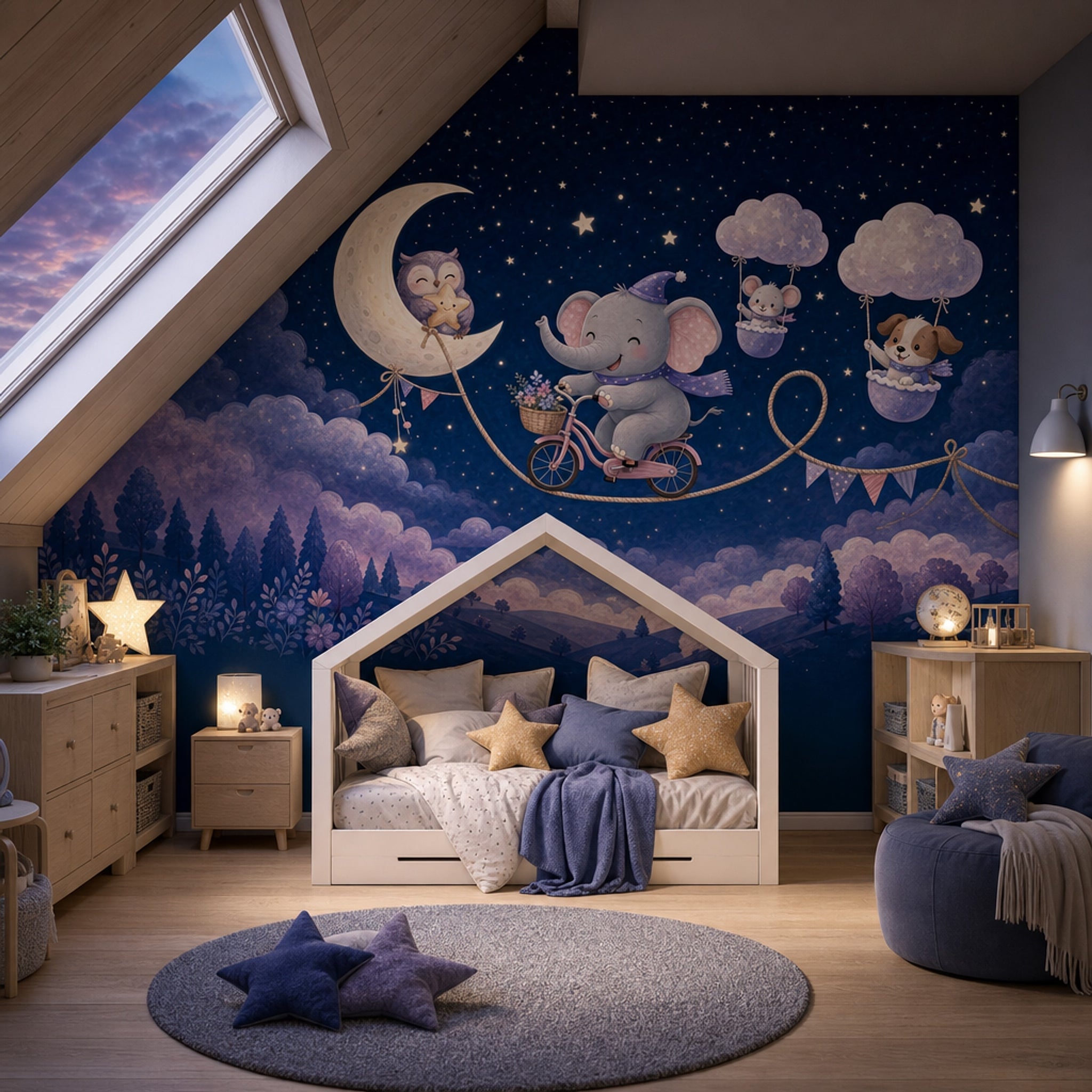 Whimsical Nursery Wallpaper Dark Night Sky Watercolor Illustration Removable Wall Decor