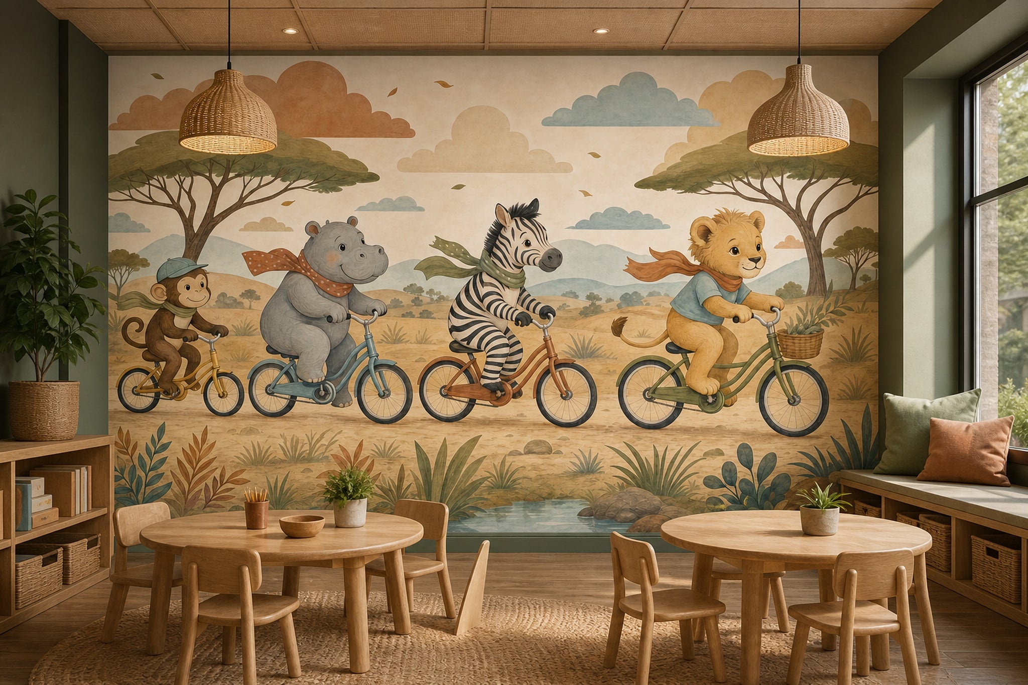 Watercolor Texture Wallpaper Safari Animals Savanna Landscape Removable Wall Decor