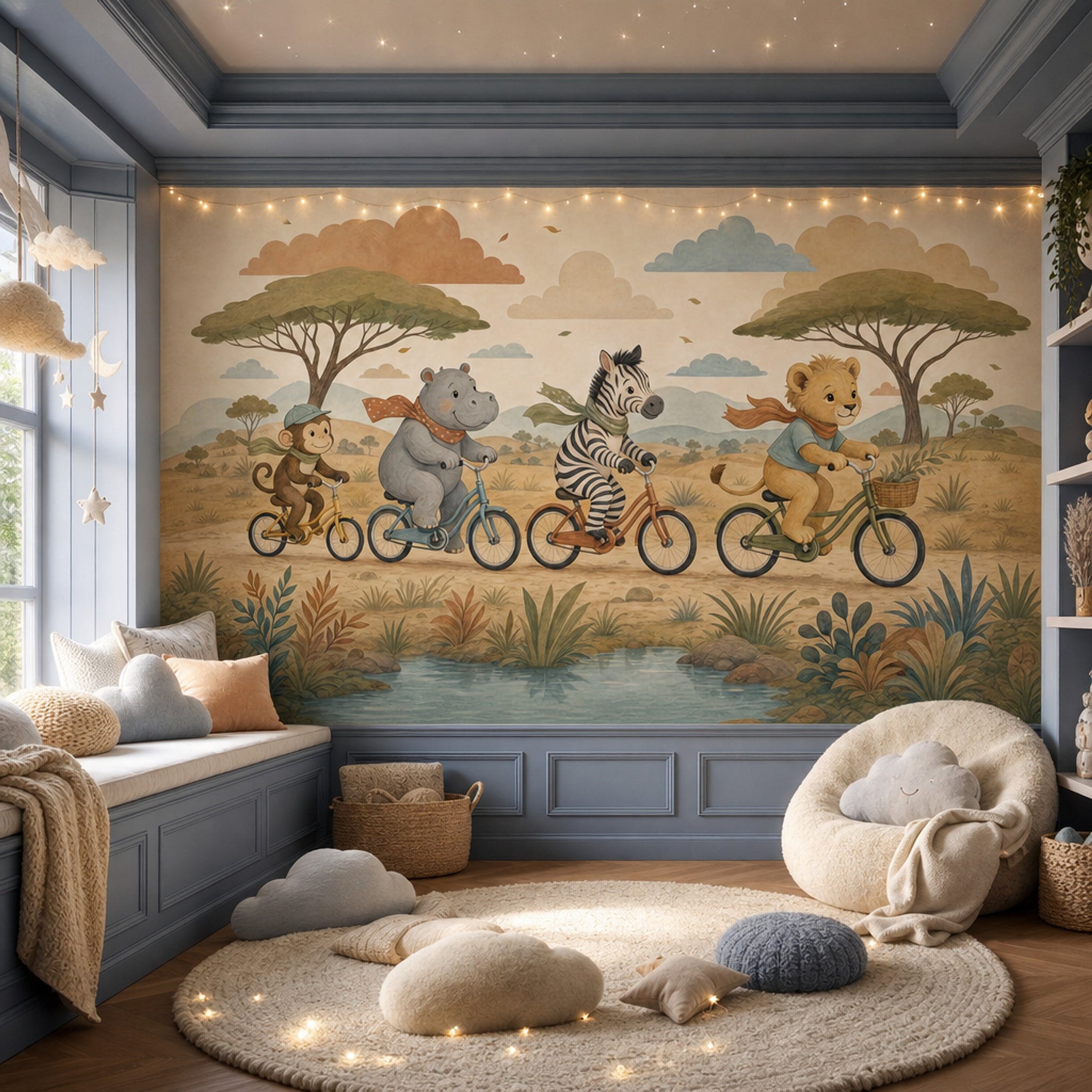Watercolor Texture Wallpaper Safari Animals Savanna Landscape Removable Wall Decor