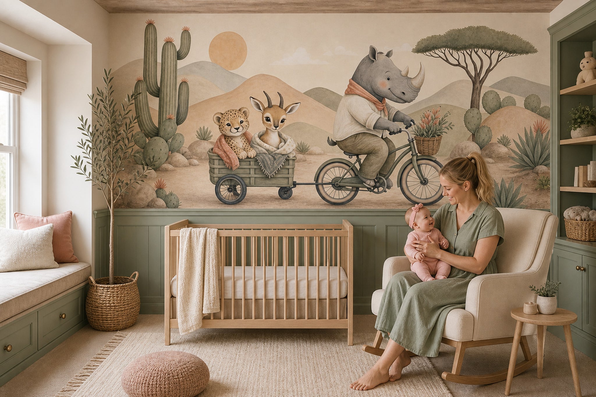 Rhino On Bicycle Wallpaper Desert Landscape Watercolor Illustration Wall Mural