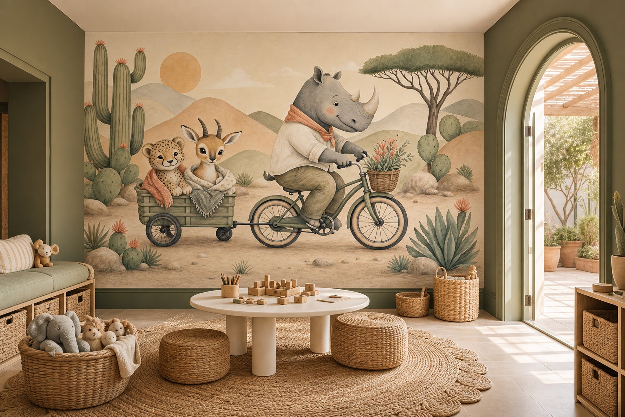 Rhino On Bicycle Wallpaper Desert Landscape Watercolor Illustration Wall Mural