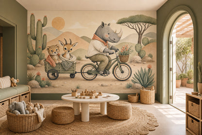 Rhino On Bicycle Wallpaper Desert Landscape Watercolor Illustration Wall Mural