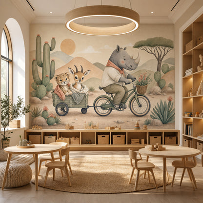 Rhino On Bicycle Wallpaper Desert Landscape Watercolor Illustration Wall Mural