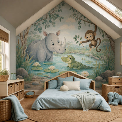Jungle Animals Wallpaper Watercolor Nursery Removable Wall Decor