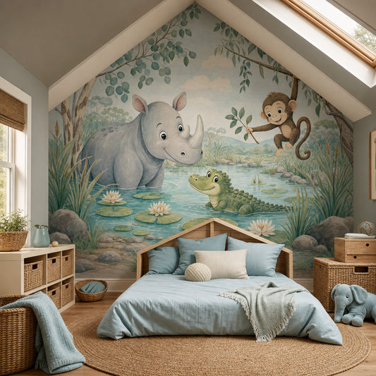 Jungle Animals Wallpaper Watercolor Nursery Removable Wall Decor