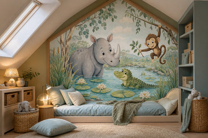 Jungle Animals Wallpaper Watercolor Nursery Removable Wall Decor