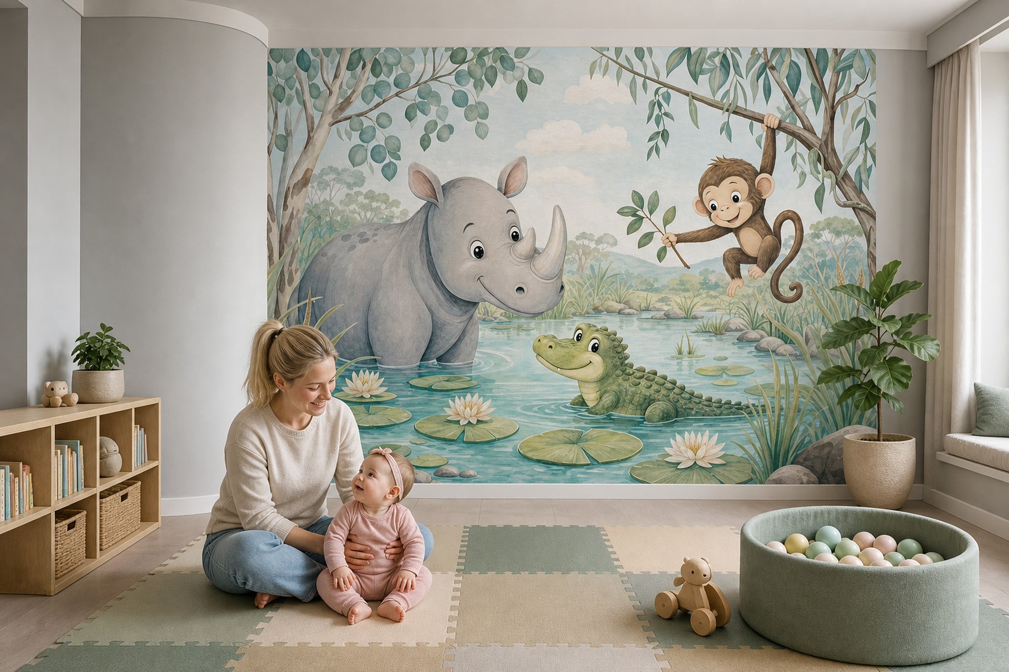 Jungle Animals Wallpaper Watercolor Nursery Removable Wall Decor