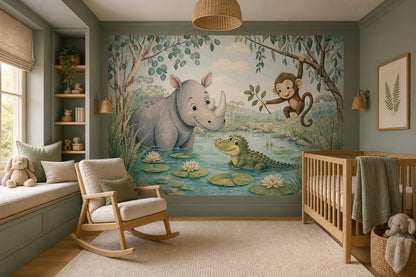 Jungle Animals Wallpaper Watercolor Nursery Removable Wall Decor