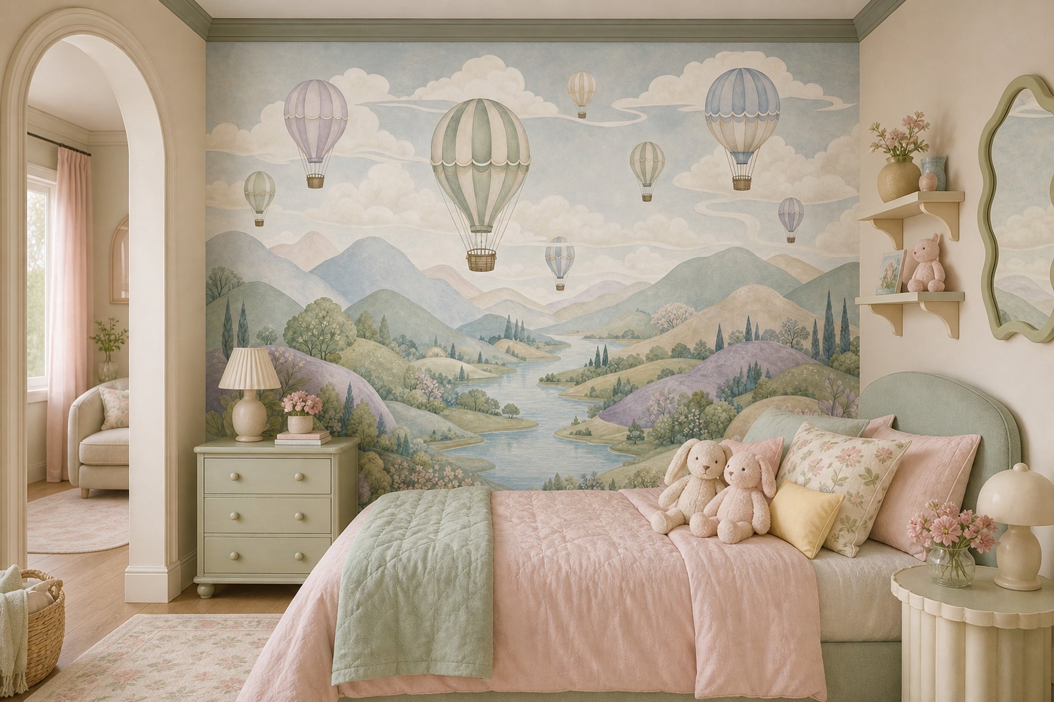 Pastel Landscape Wallpaper Hot Air Balloons Watercolor Sky Wall Mural