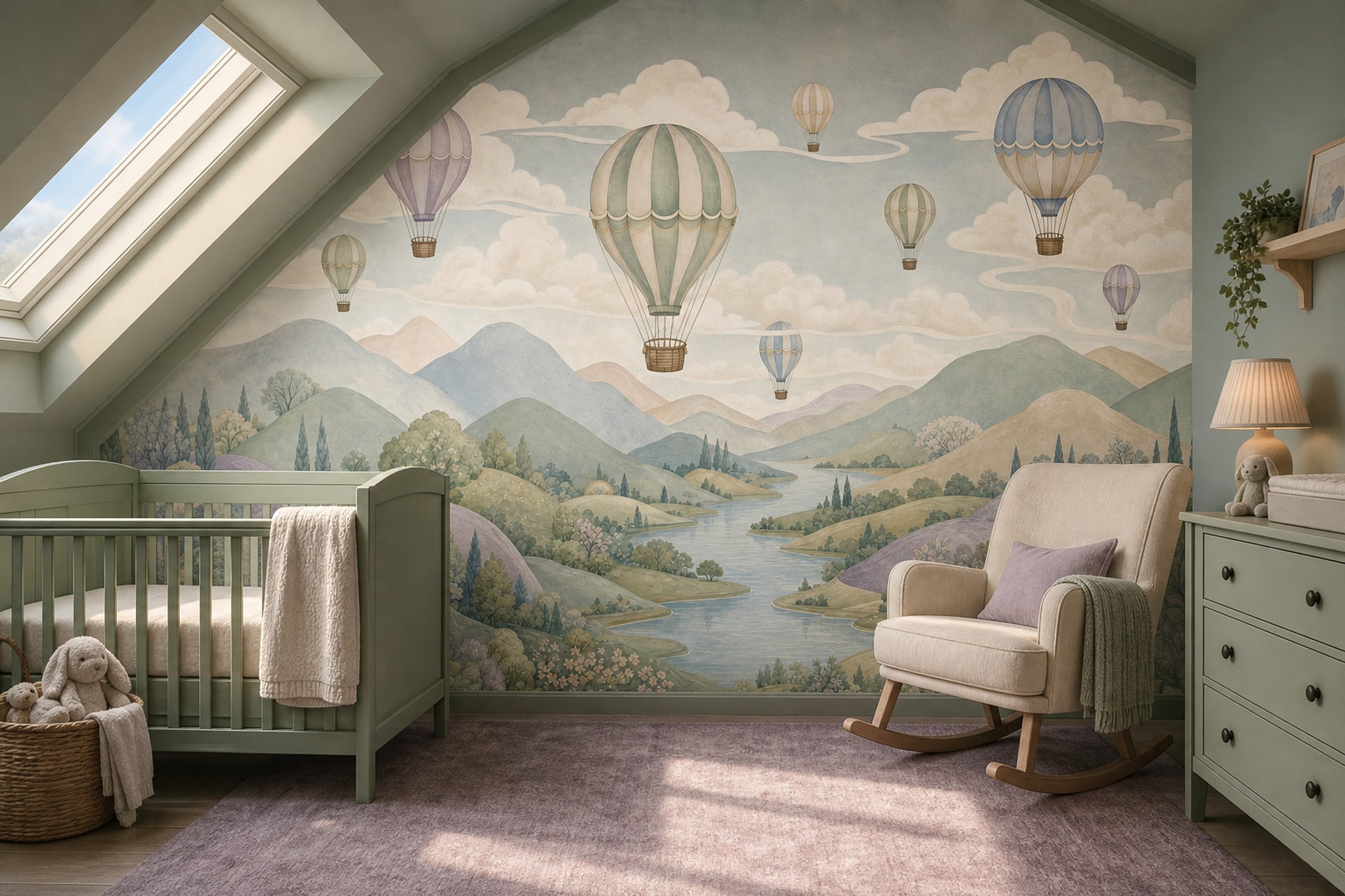 Pastel Landscape Wallpaper Hot Air Balloons Watercolor Sky Wall Mural