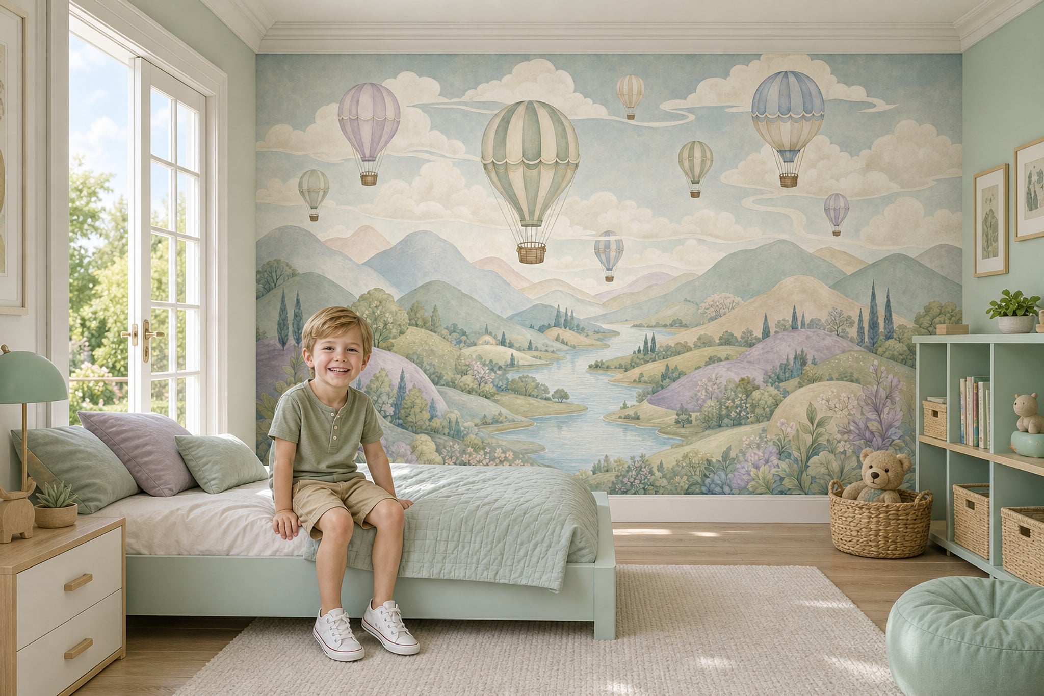 Pastel Landscape Wallpaper Hot Air Balloons Watercolor Sky Wall Mural