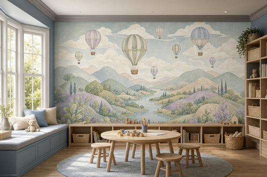 Pastel Landscape Wallpaper Hot Air Balloons Watercolor Sky Wall Mural