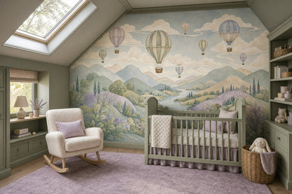 Pastel Landscape Wallpaper Hot Air Balloons Watercolor Sky Wall Mural