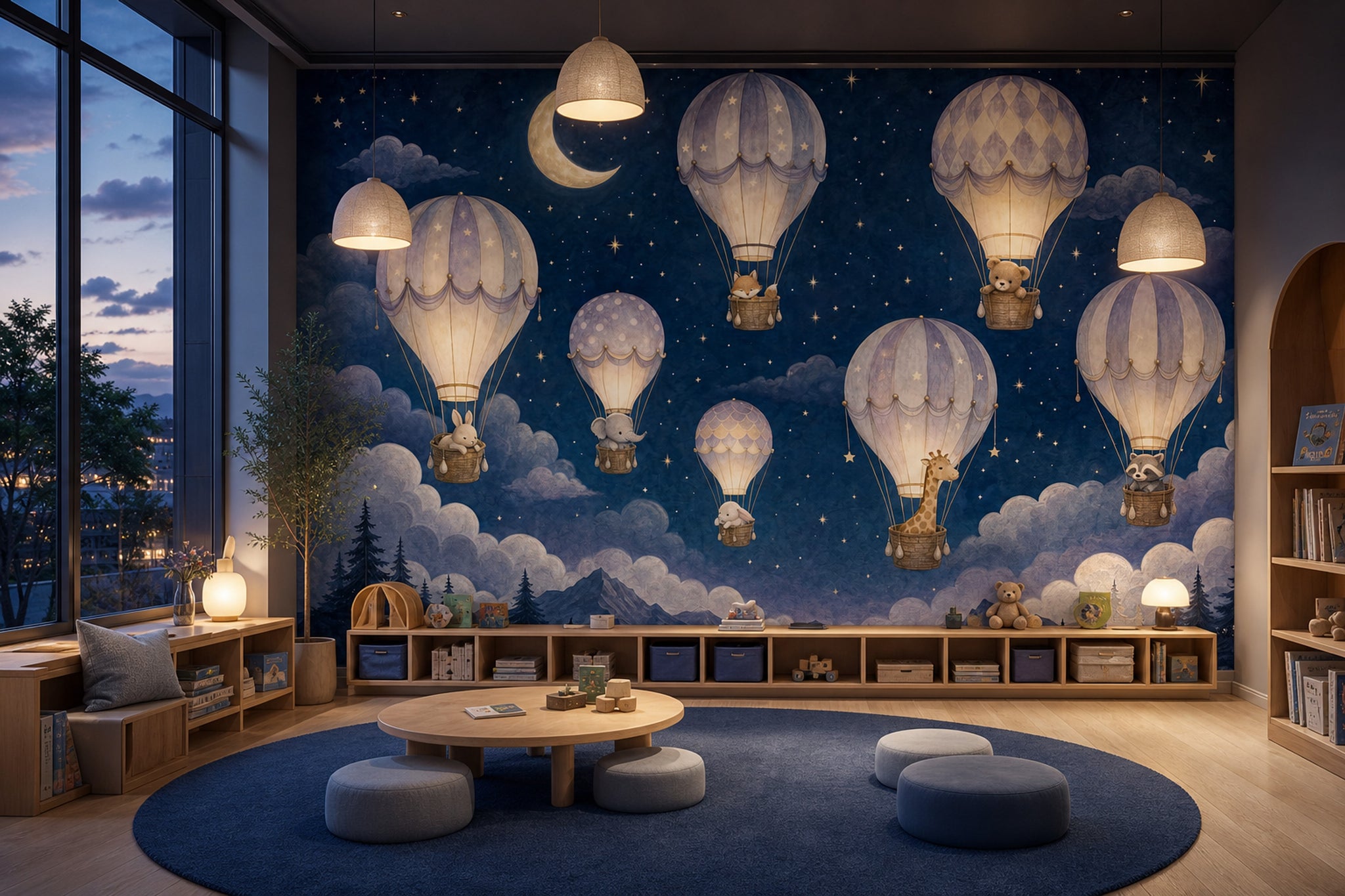 Dark Night Sky Wallpaper Hot Air Balloons Removable Watercolor Illustration Wall Decor