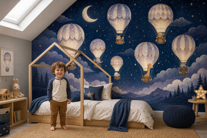 Dark Night Sky Wallpaper Hot Air Balloons Removable Watercolor Illustration Wall Decor