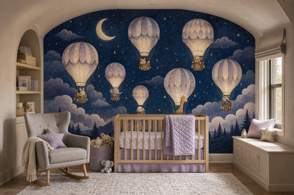Dark Night Sky Wallpaper Hot Air Balloons Removable Watercolor Illustration Wall Decor