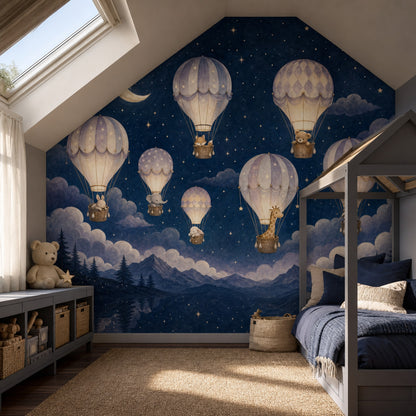 Dark Night Sky Wallpaper Hot Air Balloons Removable Watercolor Illustration Wall Decor
