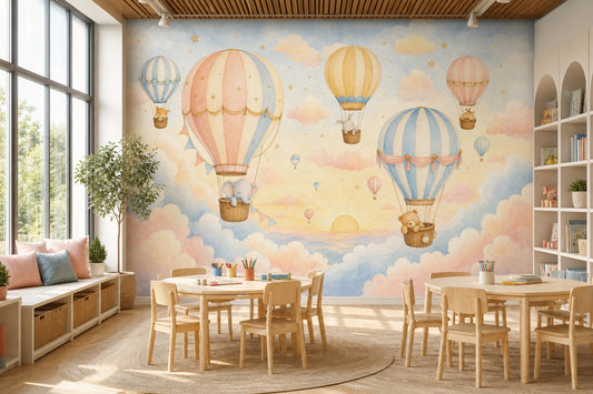 Hot Air Balloons Wallpaper Pastel Sky Watercolor Removable Wall Decor