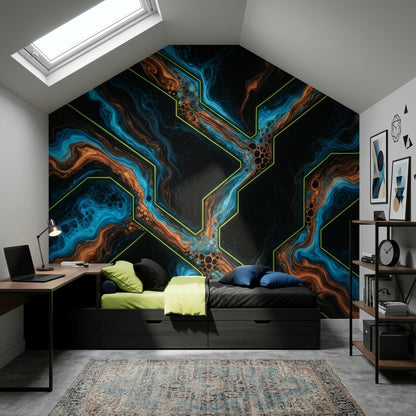 Marbled Wallpaper Teal Blue Neon Outline Removable Wall Decor