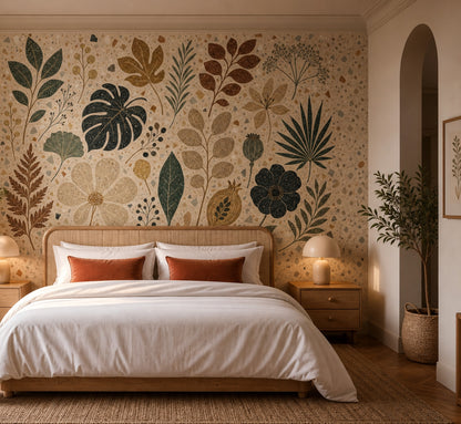 Muted Green Wallpaper Botanical Terrazzo Removable Wall Decor