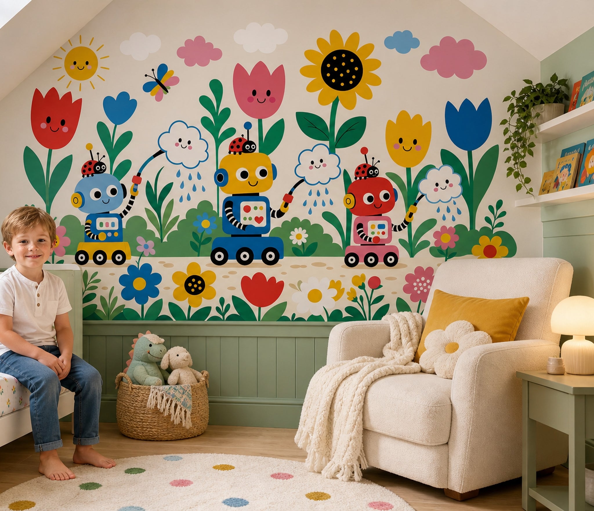 Kids Wallpaper Playful Garden Cute Robots Removable Wall Decor
