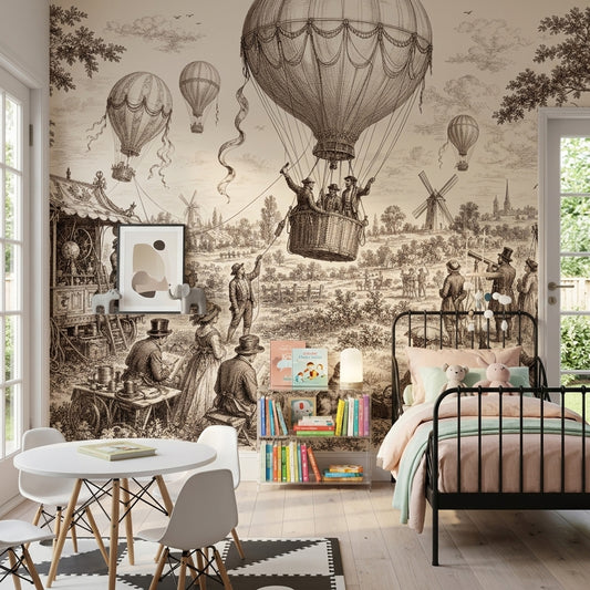 Vintage Toile Wallpaper Hot Air Balloons Sepia Engraving Removable Wall Decor