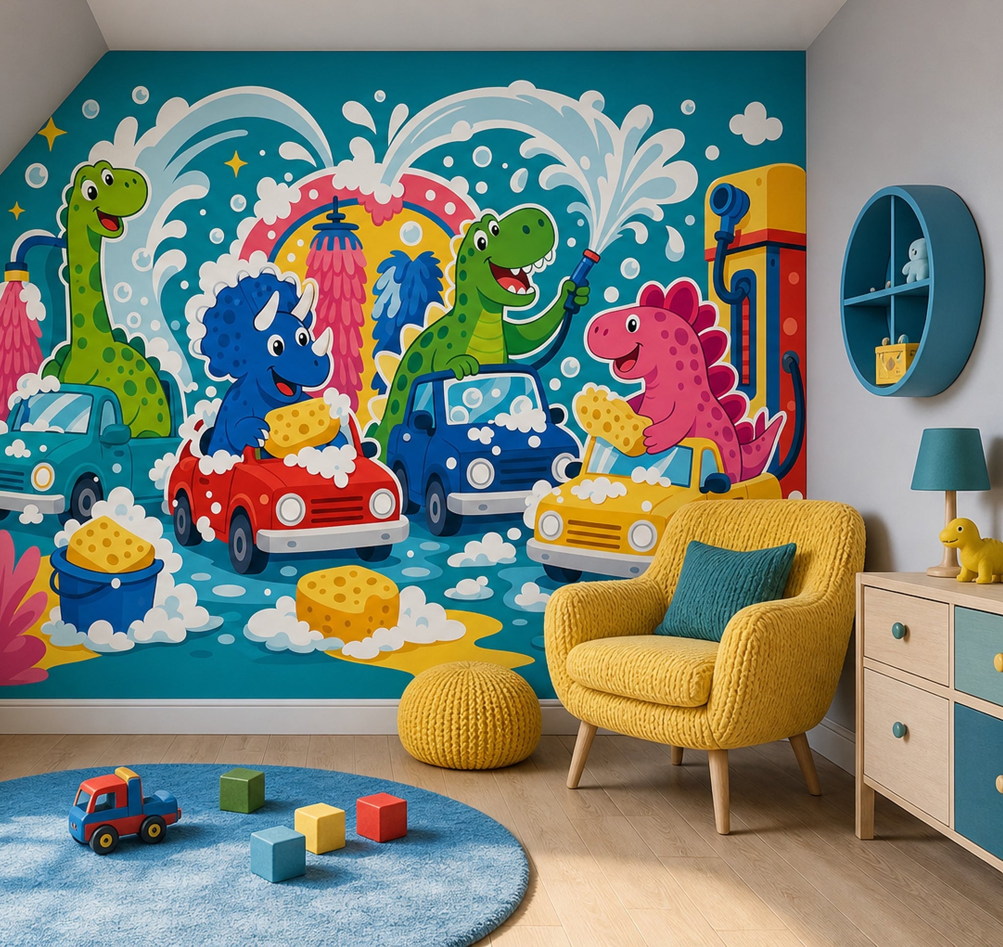 Cartoon Dinosaurs Wallpaper Car Wash Soap Bubbles Removable Wall Decor