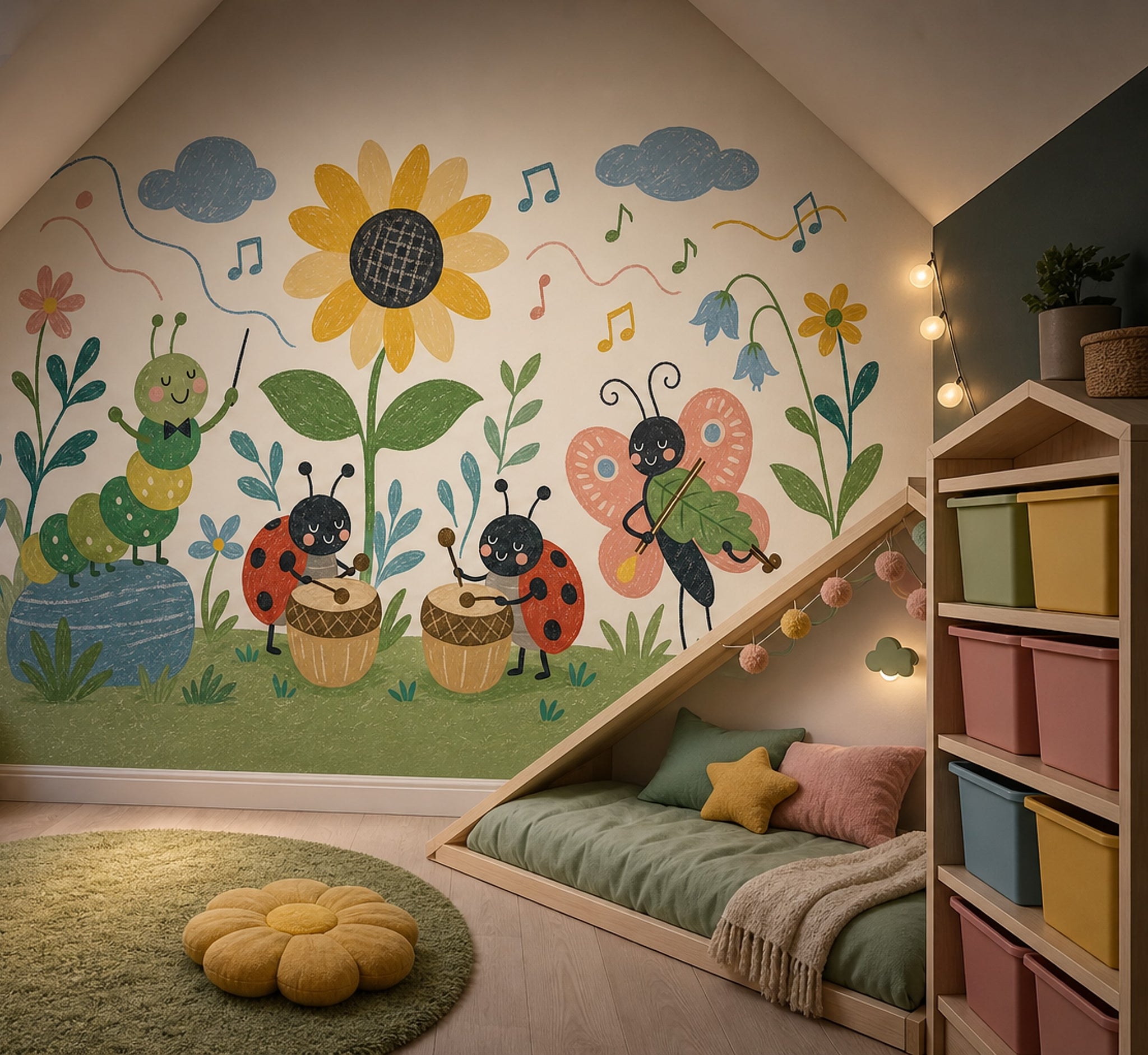 Whimsical Garden Wallpaper Floral Cute Insects Removable Wall Decor