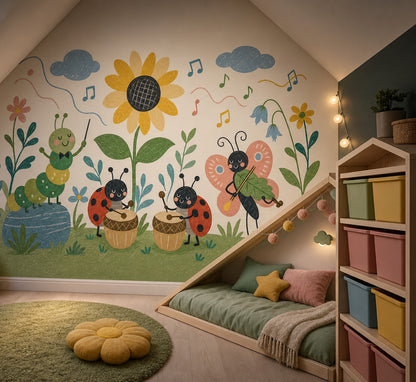 Whimsical Garden Wallpaper Floral Cute Insects Removable Wall Decor