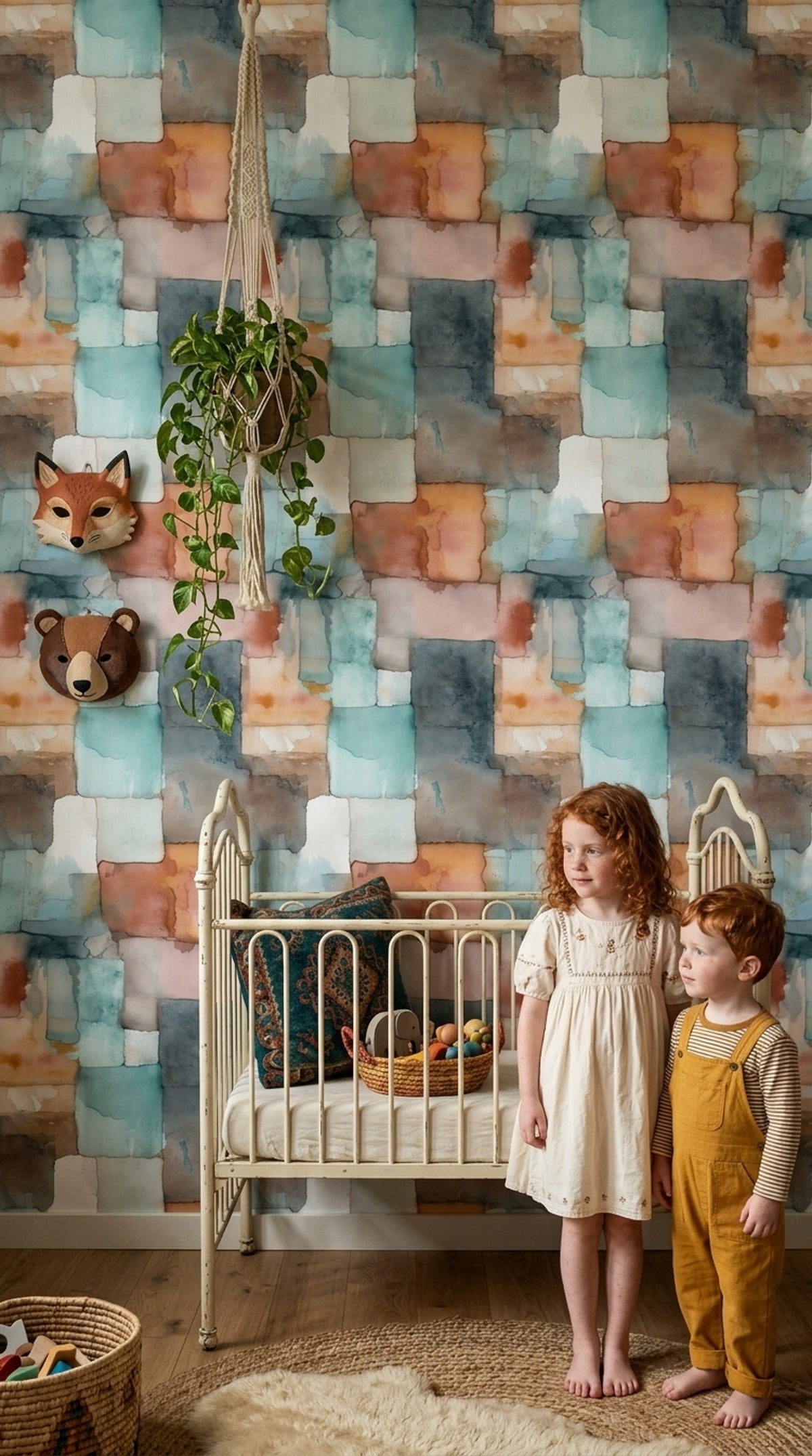 Abstract Watercolor Wallpaper Geometric Blocks Removable Teal And Terracotta Wall Double Roll