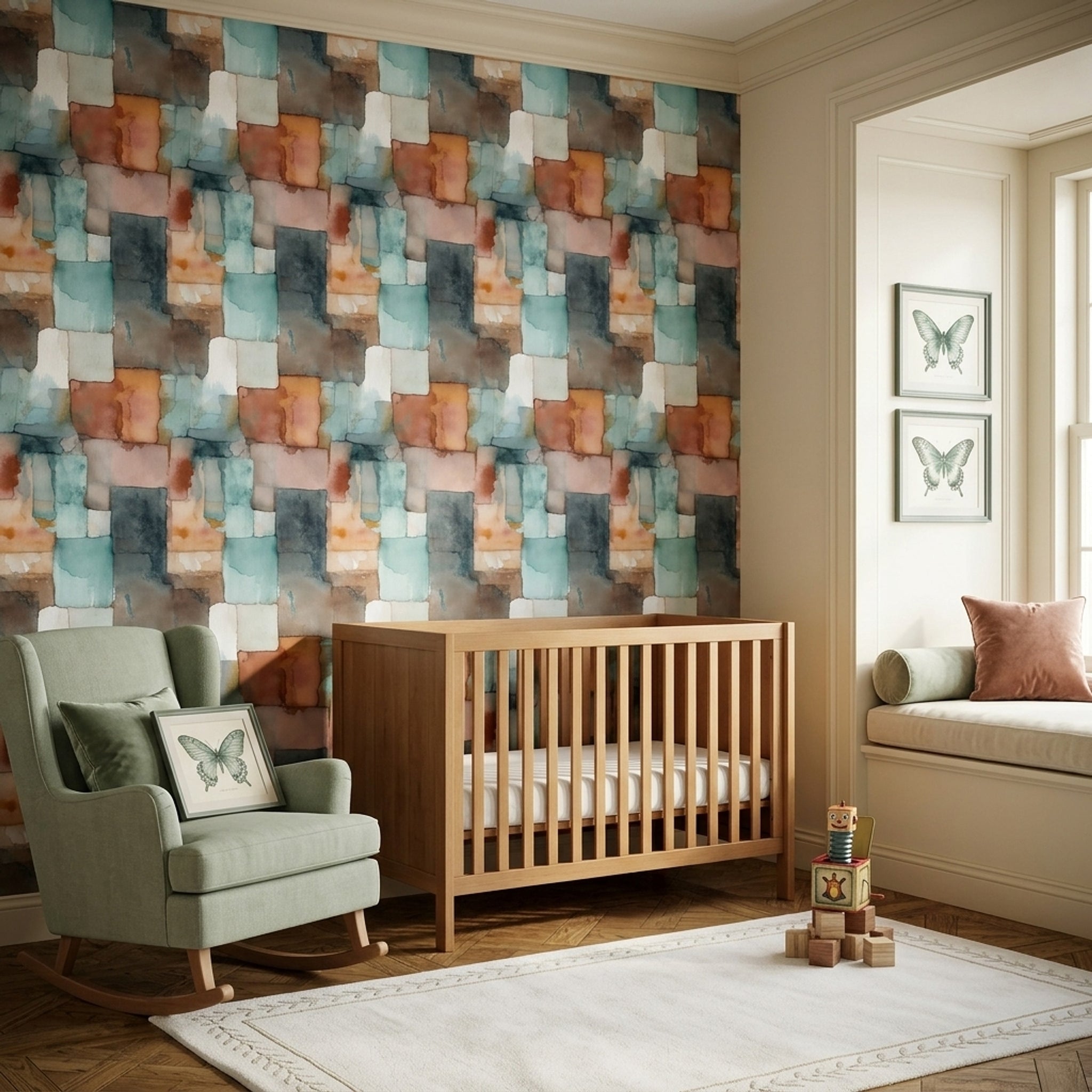 Abstract Watercolor Wallpaper Geometric Blocks Removable Teal And Terracotta Wall Double Roll