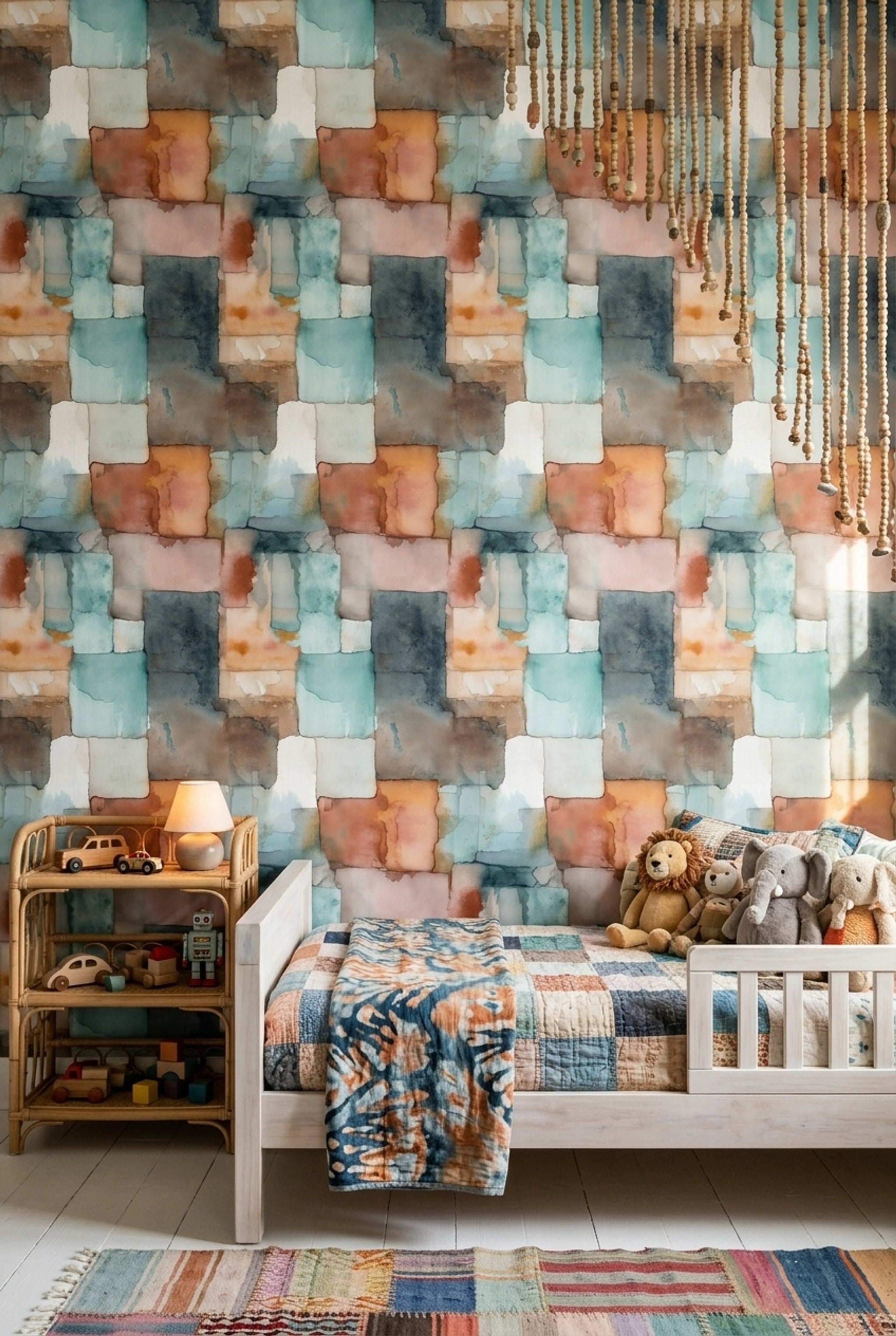 Abstract Watercolor Wallpaper Geometric Blocks Removable Teal And Terracotta Wall Double Roll