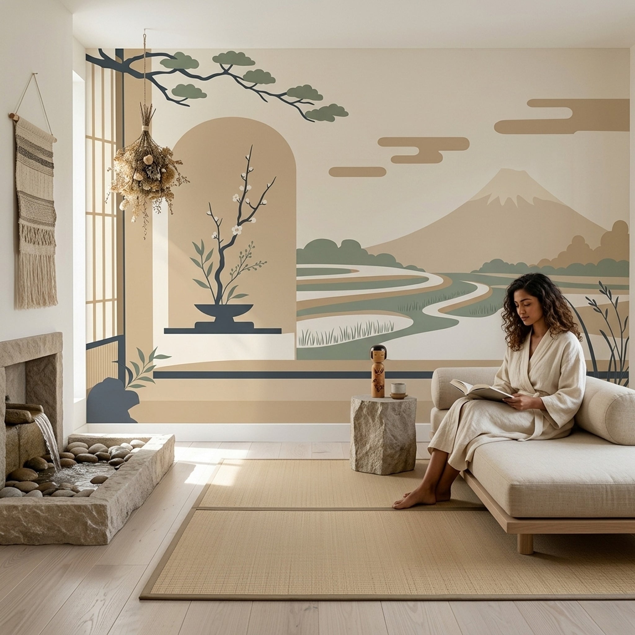 Japanese Inspired Wallpaper Minimal Landscape Mountain Removable Wall Decor