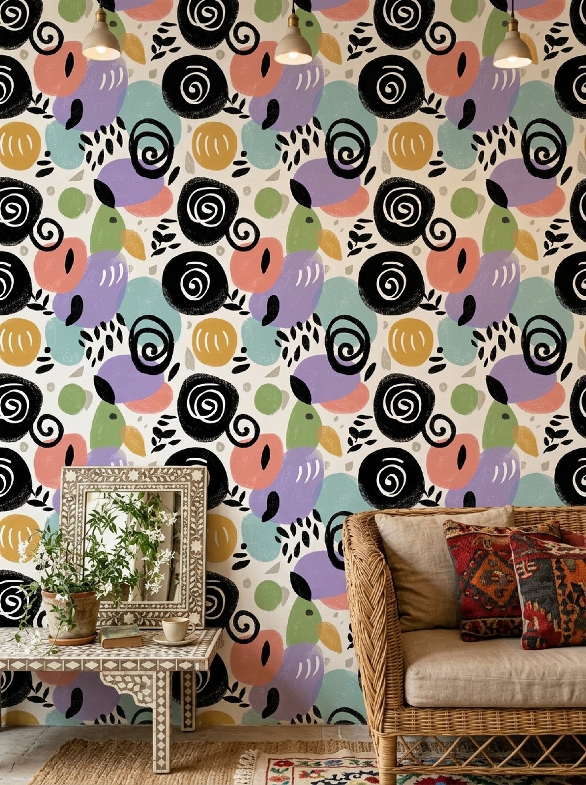Abstract Wallpaper Pastel Shapes Botanical Leaves Removable Wall Decor